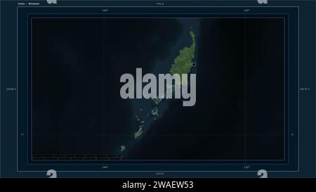 Palau wird auf einer hochauflösenden Satellitenkarte mit dem Hauptpunkt des Landes, kartographischem Raster, Entfernungsskala und Kartengrenzkoordinate hervorgehoben Stockfoto