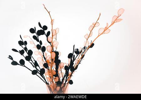 Bild des Blumenstraußes von getrockneten Blumen aus Thorn und Zweigen auf weißem Hintergrund Stockfoto