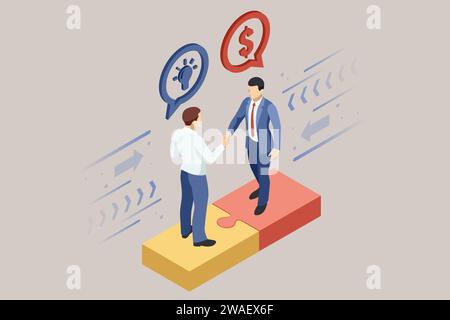 Konzept der isometrischen Puzzle-Baugruppe mit Glühbirne und Währung, die Investitionen und virtuelle Finanzen repräsentieren. Sich an einer Idee und beteiligen Stock Vektor