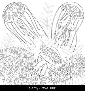 Quallengrafik Schwarzweiß isolierte Skizze Illustrationsvektor. Kunsttherapie Ausmalseite für Kinder und Erwachsene. Stock Vektor