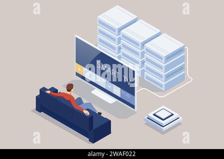 Isometrischer Mann in Brille sitzt auf einem Sofa und schaut fern. Digitale Multimedia-Unterhaltung und Medienfernsehen, die Internetgeschäfte ausstrahlen Stock Vektor