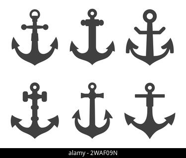 Schwarze Symbole für Anker gesetzt. Silhouetten für Schiffsausrüstung. Anlegegerät für nautische Schiffe, traditionelles Schiffszubehör. Marine, Meeresflotte, Hafenvektor Stock Vektor