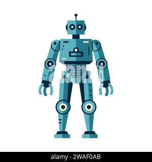 Roboter-Maschinentechnologie Metall Cyborg in flacher Ausführung. Futuristischer humanoider Maskottchencharakter. Wissenschaftsroboter, Android-freundlicher Charakter, Roboter Stock Vektor