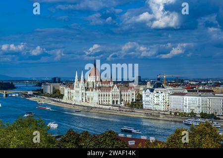 Ein Luftbild des ungarischen Parlamentsgebäudes in Budapest, Ungarn Stockfoto