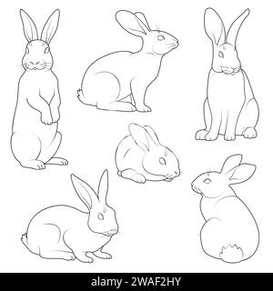Nettes Häschen Kaninchen Umriss Skizze Vektor Illustration. Minimale Hasenstrichkunst in verschiedenen Posen. Vektorabbildung Stock Vektor