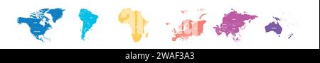 Satz von sechs Karten des Weltkontinents in Folge – Nordamerika, Südamerika, Afrika, Europa, Asien und Australien. Flache Vektorkarte mit Ländernamen Stock Vektor