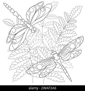 Handzeichnungen Libellen. Schwarz-weiß mit Strichgrafik. Ausmalseite für Kinder und Erwachsene. Vektorabbildung Stock Vektor