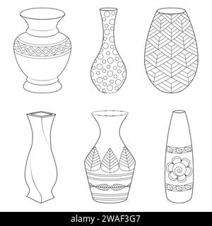 Konturvasen und Amphorensammlung, Vektor linear. Vasenkeramik, antike griechische Illustration. Schwarz-weiß. Seite „Art Therapy Coloring“ (Kunsttherapie). Vektorabbildung Stock Vektor