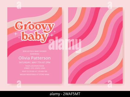 Groovige Babyparty-Einladung aus den 70er Jahren mit bunten Streifen im Retro-Stil. Pinke Kartenvorlage für Mädchen. Vektorabbildung Stock Vektor