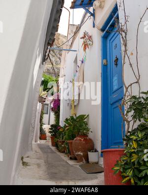 Enge weiße Straßen von Anafiotika in Athen, Griechenland, traditionelle griechische Häuser, griechische Insel, Blume, Wäschetrocknung, Tourismus, blaue Tür Stockfoto