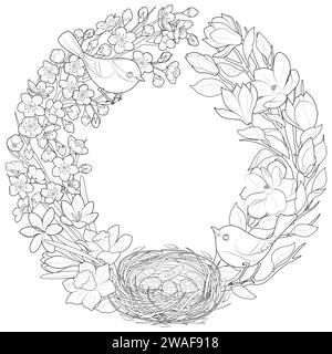 Frühlingskranz mit Blumen und Nistvögeln. Handgezeichneter Blumenrahmen. Blühender Apfelbaum und Magnolie. Schwarzweiß für Ausmalseiten, Etiketten, Hochzeitseinladungen. Vektorabbildung Stock Vektor