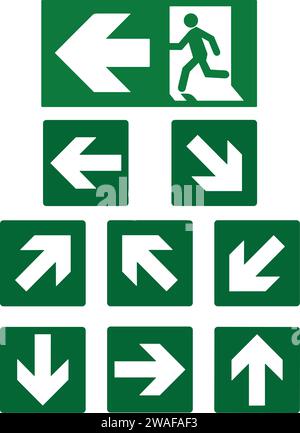 Notanzeige Pfeilvektor | Notausgang unten | grünes Zeichen eines Notausgangs oder Notausgangs Stock Vektor