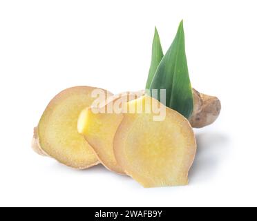 Frischer Ingwer mit Schichten und Blättern wird auf weißem Hintergrund mit Beschneidungspfad isoliert. Stockfoto