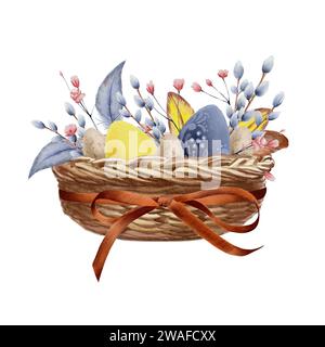 Aquarellset alter Korb mit Band, Eier mit gypsophila Blumen, Weidenzweige und Federn. Isolieren Sie Illustration im Vintage-Stil. Stockfoto