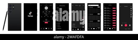 Tik Tok Design in Samsung Galaxy s23 Ultra. Tik Tok-Bildschirm soziale Medien, Vorlage für die Schnittstelle für soziale Netzwerke. Homepage, Laden, Empfehlungen, Subscr Stock Vektor