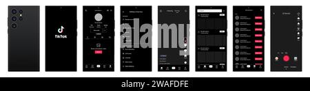 Tik Tok Design in Samsung Galaxy s23 Ultra. Tik Tok-Bildschirm soziale Medien, Vorlage für die Schnittstelle für soziale Netzwerke. Homepage, Laden, Empfehlungen, Subscr Stock Vektor
