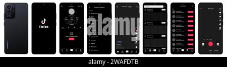 Tik Tok Design in Xiaomi Redmi11T. Tik Tok-Bildschirm soziale Medien, Vorlage für die Schnittstelle für soziale Netzwerke. Homepage, Laden, Empfehlungen, Abonnement, Stock Vektor