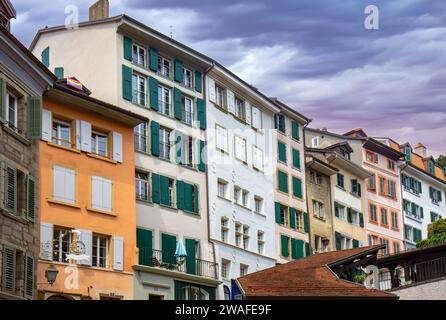 Berühmte Straße und Marché Treppen in Lausanne, Schweiz. Stockfoto