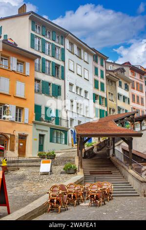 Berühmte Straße und Marché Treppen in Lausanne, Schweiz. Stockfoto