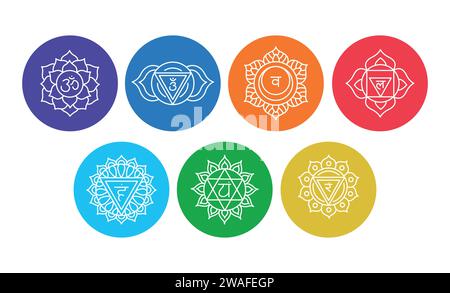 Chakras Set: Muladhara, Swadhisthana, Manipura, anahata, Vishuddha, ajna, Sahasrara. Isolierte Vektorillustration auf farbigem Hintergrund. Stock Vektor