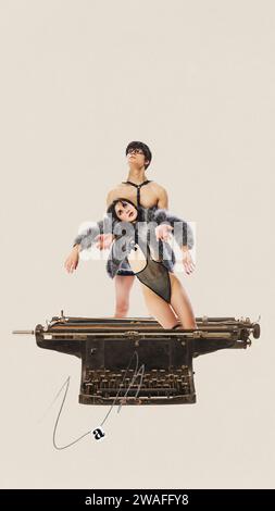 Zeitgenössische Kunstcollage. Psychologische Techniken zur Überwindung der Depression. Ein Mann tippt seine Ex-Freundin auf der Retro-Tastatur. Trendig Stockfoto