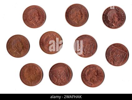 Zwei Pence-Münzen aus Großbritannien/Großbritannien isoliert auf weißem Hintergrund. Stockfoto