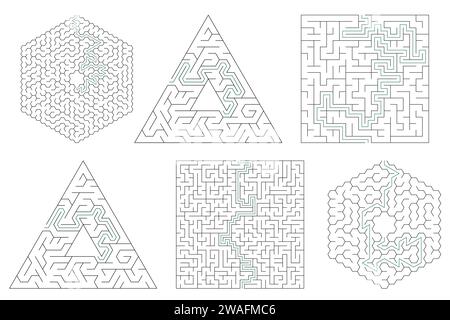 Vektorlabyrinthe isoliert auf weißem Hintergrund, Set. Logikspiel-Labyrinth für Kinder. Mit der Lösung. Stock Vektor