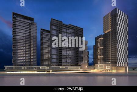 3D-Darstellung der Wolkenkratzer, Einkaufszentrum mit Blick auf die Außenseite bei Nacht Stockfoto