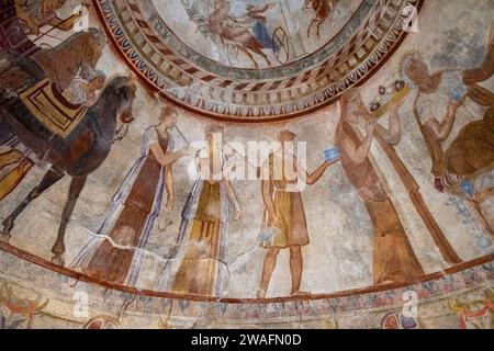 Deckenfragment des thrakischen Grabes von Kazanlak. Provinz Stara Zagora, Bulgarien. Südosteuropa. Stockfoto