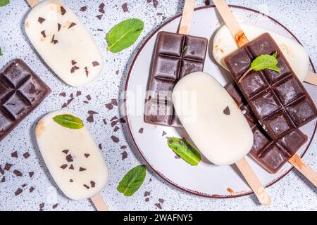 Schokolade- und Vanillepopsicles, klassischer dunkelbrauner Kakao und Milcheis-Lolly-Pops. Stapel von verschiedenen Eis-Lollies flach Draufsicht CO Stockfoto