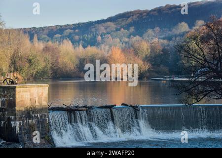 Das Hufeisenweh am Fluss Derwent im Herbst, Belper, Derbyshire, England Stockfoto