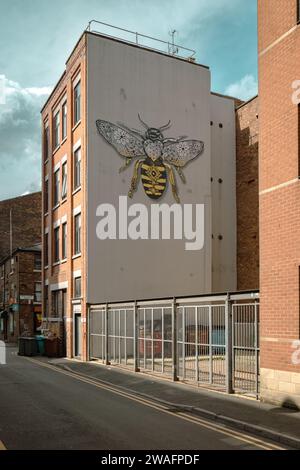 Ein Wandbild einer Arbeiterbiene verleiht dem Gebäude im nördlichen Viertel von Manchester einen künstlerischen Farbtupfer. Stockfoto