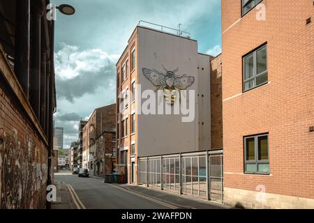 Ein Wandbild einer Arbeiterbiene verleiht dem Gebäude im nördlichen Viertel von Manchester einen künstlerischen Farbtupfer. Stockfoto