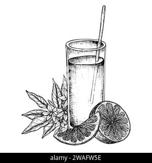 Ein Glas Orangensaft. Vektor Hand gezeichnete Illustration von frischem Zitrusgetränk mit Scheiben und Blumen in linearer Art. Schwarze Zeichnung eines tropischen Sommergetränks mit Cocktailröhre. Stock Vektor