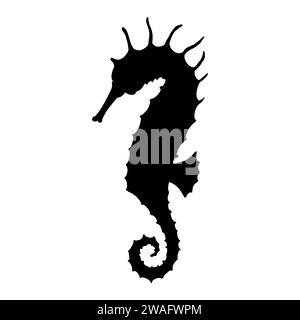 Seepferdchen-Vektor-Silhouette. Handgezeichnete Illustration von Seepferd auf isoliertem Hintergrund im Umrissstil. Lineare Zeichnung von Meerestieren. Gravur von Unterwasserfischen mit schwarzer Tinte. Stock Vektor