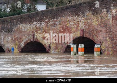 Sonning, Berkshire, Großbritannien. Januar 2024. Hohe Wasserstände in der Themse unter der Sonning Bridge in Berkshire. Für die Themse in Sonning, Berkshire, ist ein Hochwasseralarm vorhanden. Maureen McLean/Alamy Live News Stockfoto