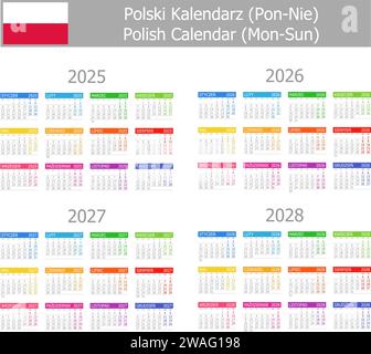 2025-2028 polnischer Typ-1-Kalender Mo-so auf weißem Hintergrund Stock Vektor