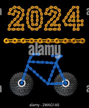 2024 Happy New Year mit goldener Fahrradkette auf schwarzem Hintergrund Stockfoto