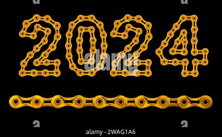 2024 Happy New Year mit goldener Fahrradkette auf schwarzem Hintergrund Stockfoto