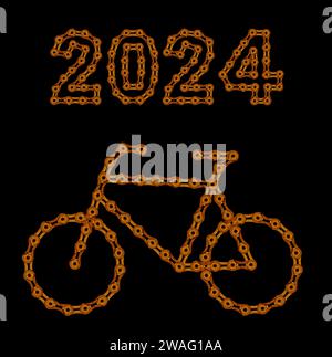 2024 Happy New Year und ein Fahrrad aus goldenen Kettengliedern auf schwarzem Hintergrund Stockfoto