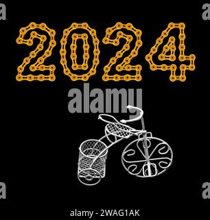 Weißes Draht-Fahrrad mit einem Korb und 2024 Happy New Year aus goldenem Kettenglied dunklem Hintergrund Stockfoto