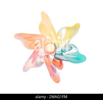 Eine Vorderansicht einer normalen Spielzeugwindmühlen mit sechs unterschiedlich farbigen Flügeln auf weißem Hintergrund Stockfoto