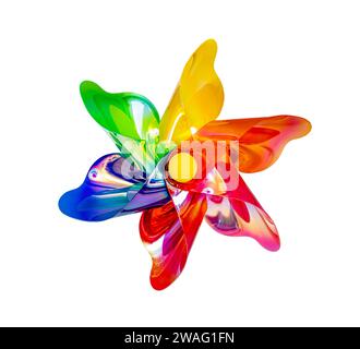 Eine Vorderansicht einer normalen Spielzeug-Windrad-Windmühlen mit sechs unterschiedlich psychedelischen Flügeln auf weißem Hintergrund Stockfoto