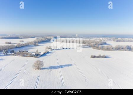 Blick aus der Vogelperspektive über ländliche Landschaft mit Feldern und Wiesen, umgeben von Bäumen und Hecken, die im Winter mit Schnee bedeckt sind, Schleswig-Holstein, Deutschland Stockfoto
