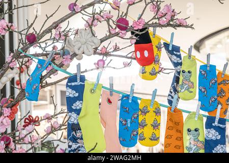 Verschiedene mehrfarbige Socken hängen am Seil Stockfoto