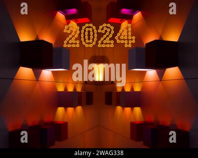 Lichter und Schatten mit Happy New Year 2024 aus Kettengliedern Stockfoto