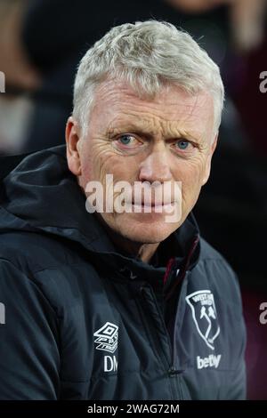 LONDON, UK - 2. Januar 2024: David Moyes, Manager von West Ham United, sieht vor dem Premier League-Spiel zwischen West Ham United und Brighton und Ho Stockfoto