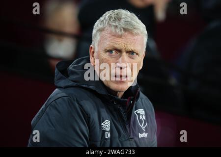 LONDON, UK - 2. Januar 2024: David Moyes, Manager von West Ham United, sieht vor dem Premier League-Spiel zwischen West Ham United und Brighton und Ho Stockfoto