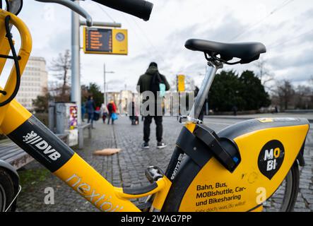 Dresden, Deutschland. Januar 2024. Ein Leihfahrrad der Dresdner Verkehrsbetriebe (DVB) parkt an der Haltestelle Albertplatz. Robert Michael/dpa/Alamy Live News Stockfoto