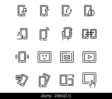 Vektorlinie Symbol für Mobilgeräte festlegen. Technologie-Umrisssymbol und Kommunikationsschild mit Telefon-Elektronik. Isoliertes Smart Screen Tablet und Connecti Stock Vektor